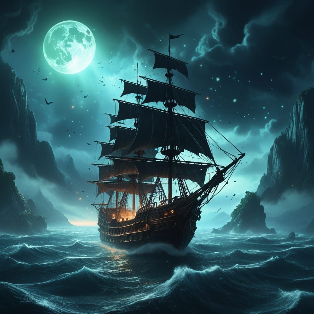 Dark Fantasy Pirate Ship on Nebula Sea