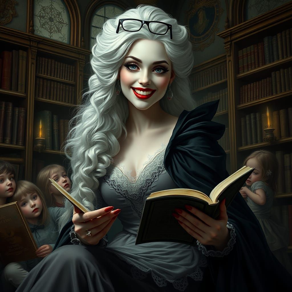 Gothic Vampiress Reading Poetry in Victorian Library