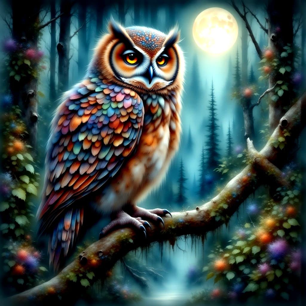 Iridescent Owl in Moonlit Forest, Watercolor Style