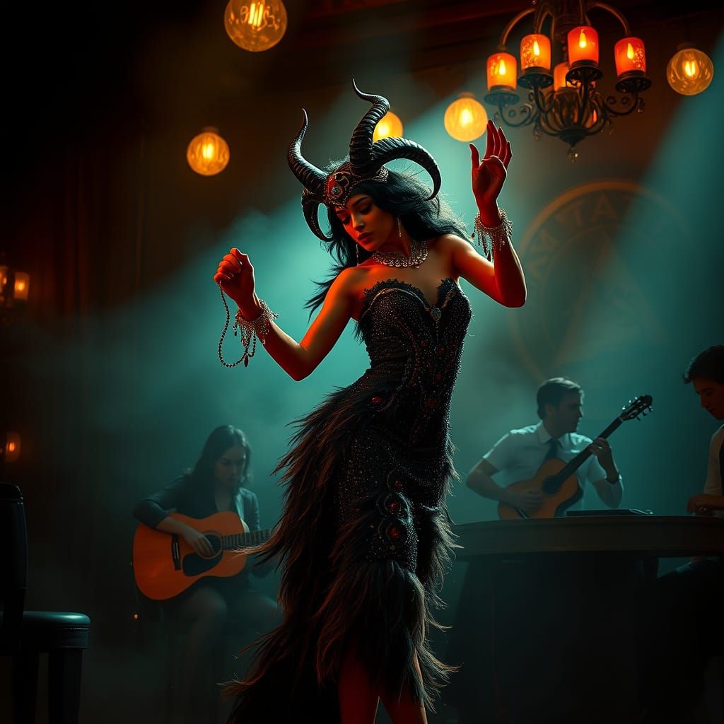 Tiefling Flapper Dances in Smoky Speakeasy, Art Nouveau Styl...