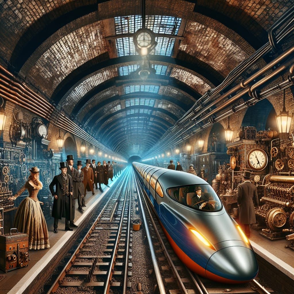 Victorian London Underground with Futuristic Steampunk Train...