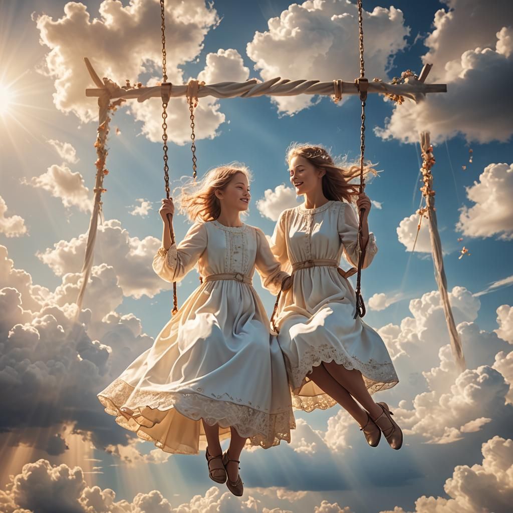 Dreamy Mother and Daughter Swinging in Clouds