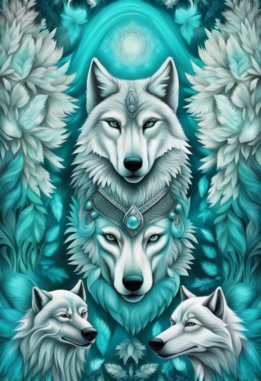 Majestic Turquoise Wolves: Minimalist Art