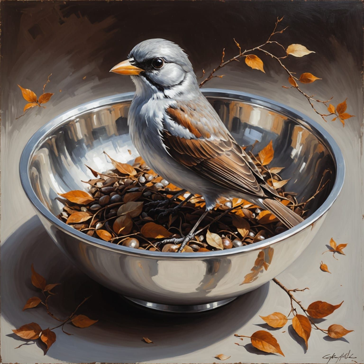 Brown Bird and Silver Bowl in Anime Oil Painting