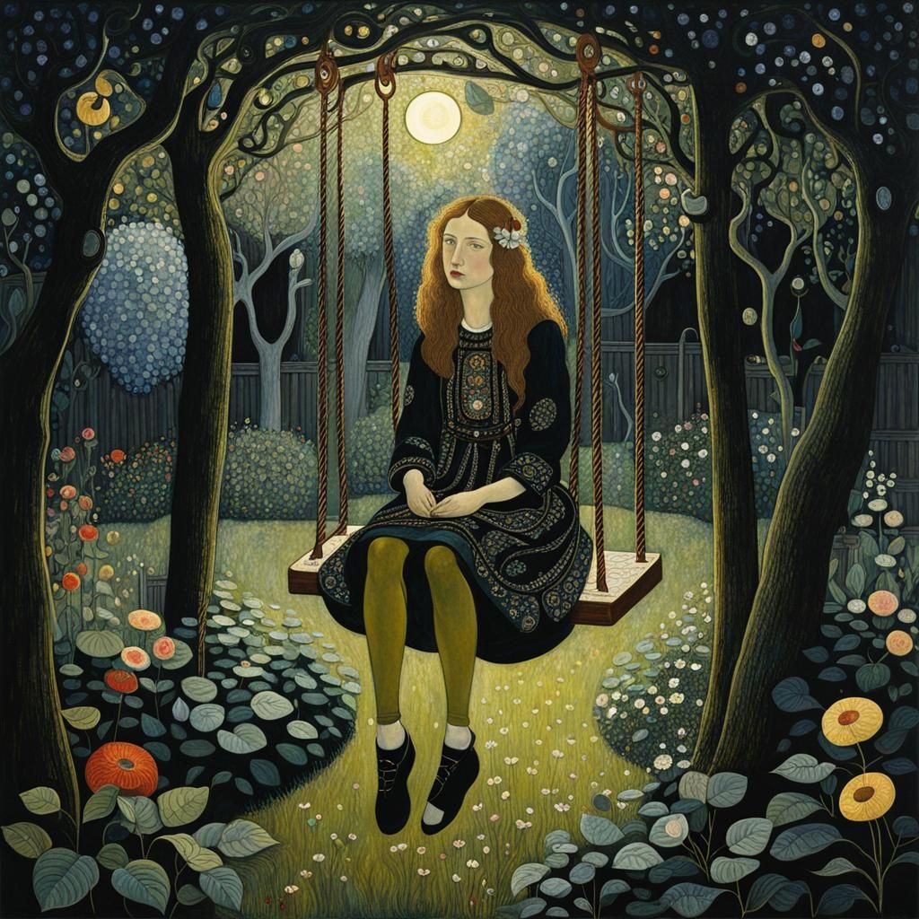 Girl on Swing in Garden, Art Nouveau Style