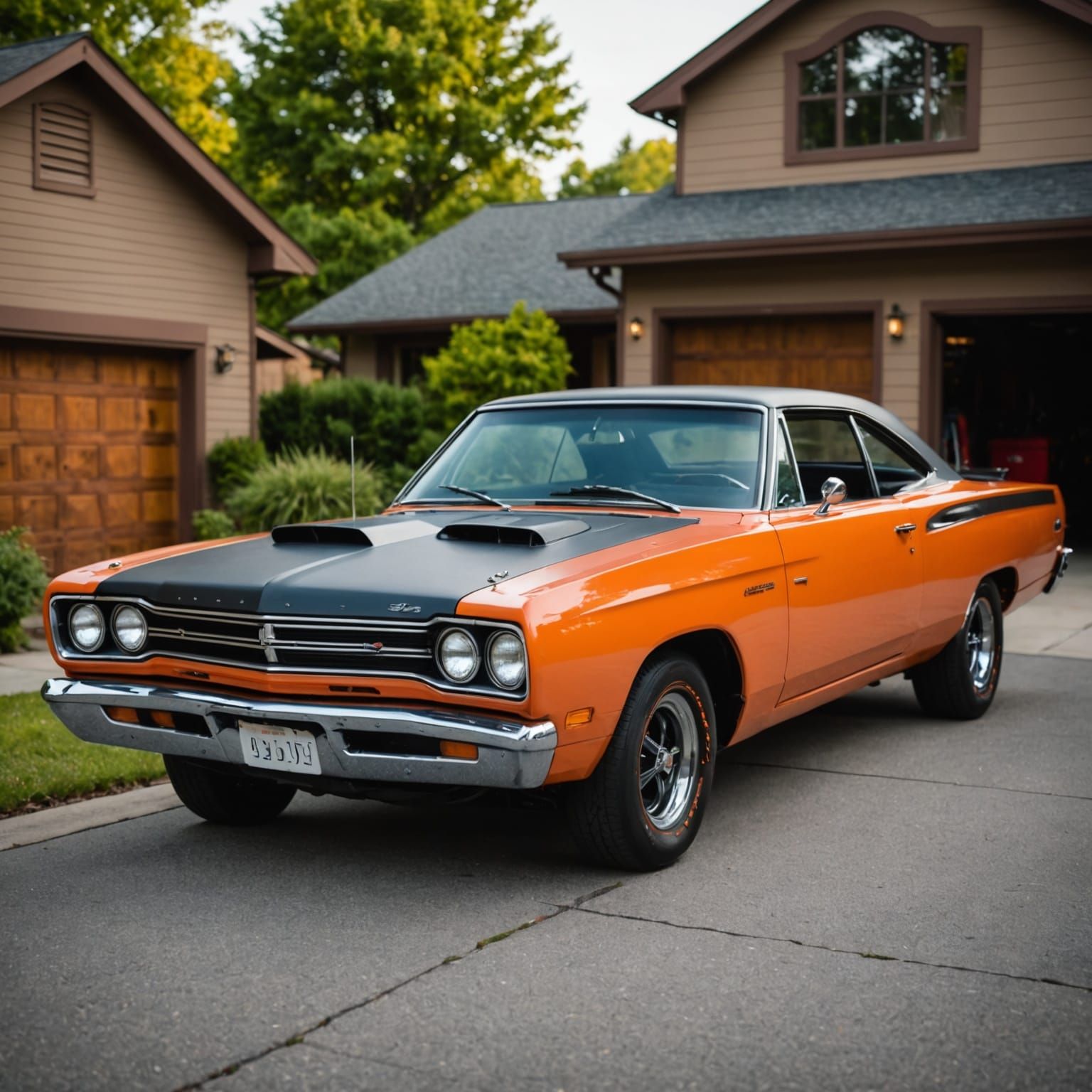 Vintage 1969 Plymouth Roadrunner in a Driveway, Captured wit...