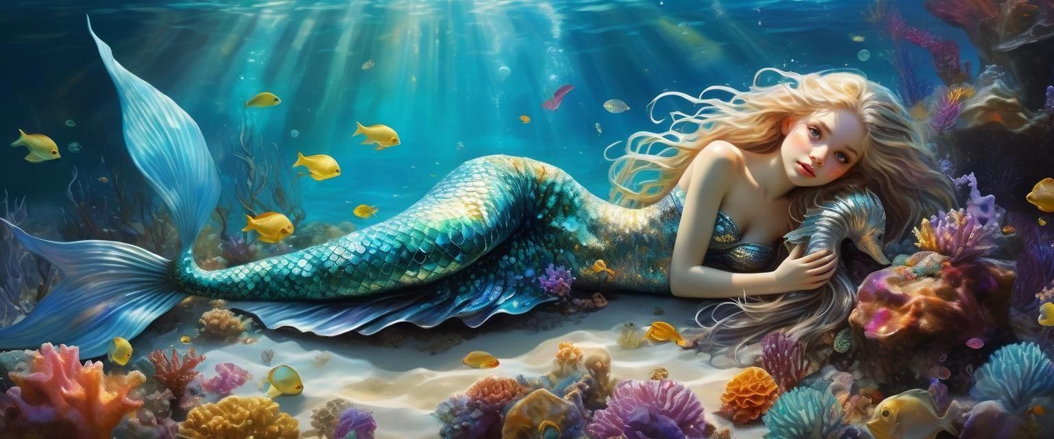 Watercolor Mermaid with Seahorse on Seabed