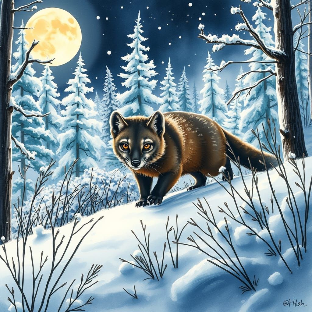 Pine Marten in Moonlit Forest, Watercolor Style