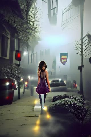 Girl on a foggy dark street