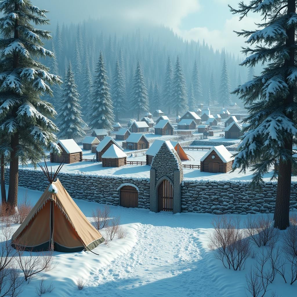 Snowy Village Protected by Log Wall in Digital Art