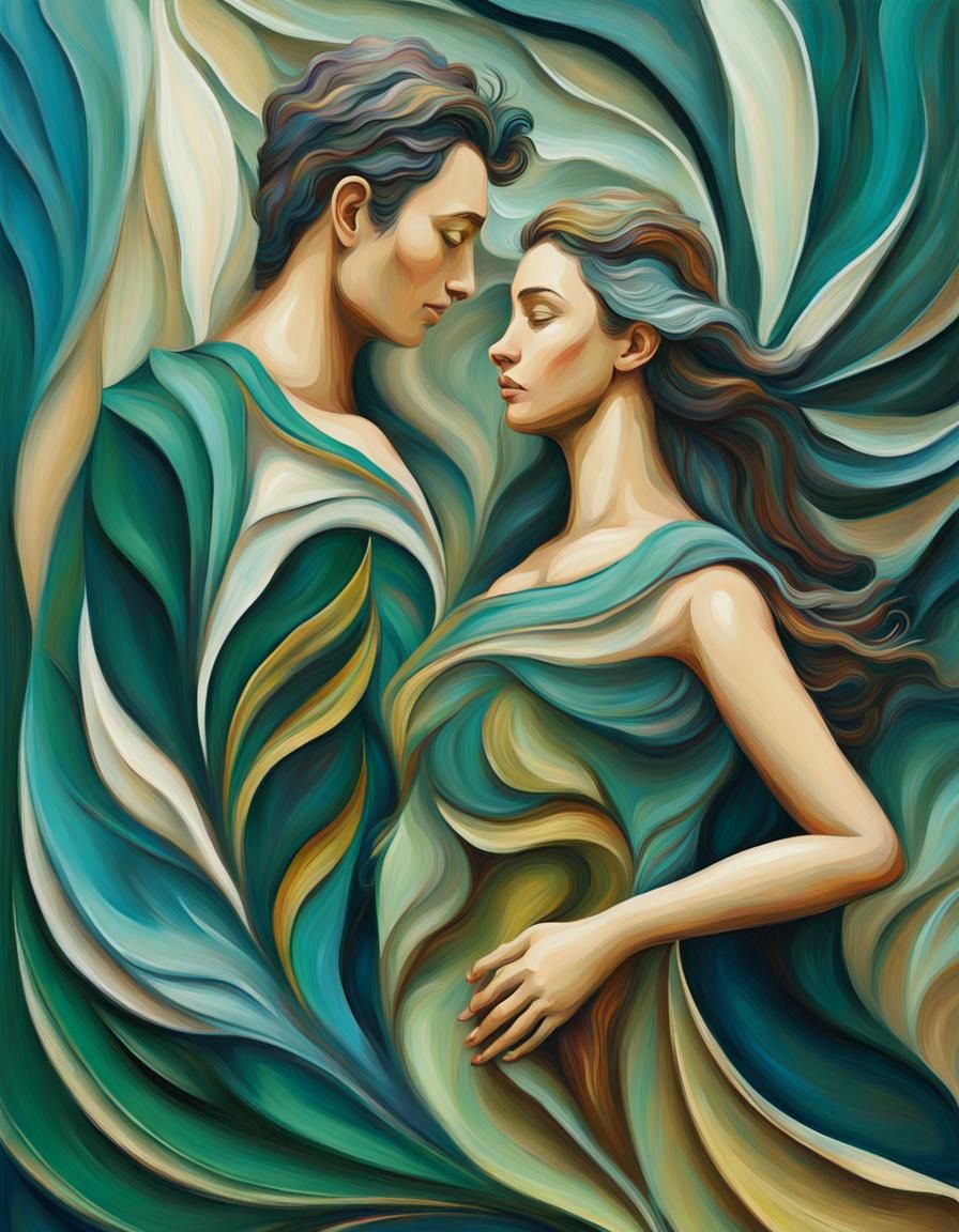 Impasto Painting of Leafy Couple Embracing