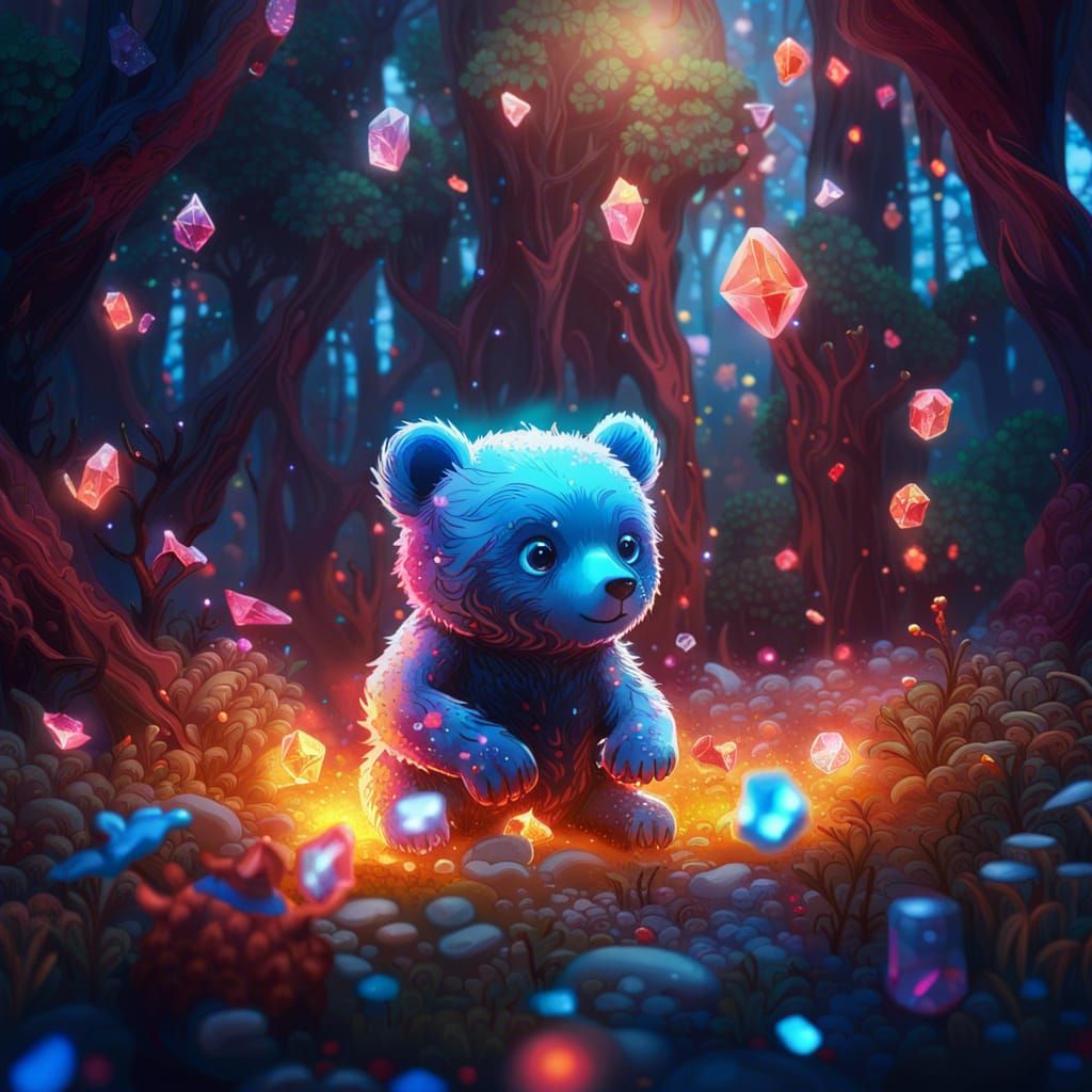 Wide-Eyed Bear Cub in Luminous Magical Forest