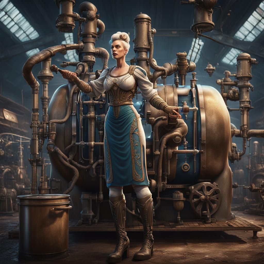 Detailed Matte Painting of Woman with Milking Machine
