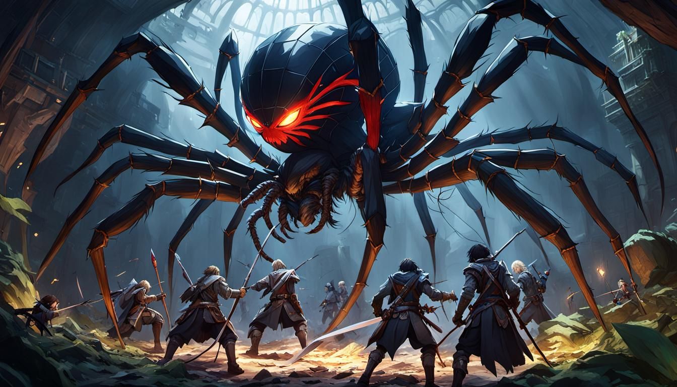 Fantasy Adventurers Battle Giant Spider in Anime Style