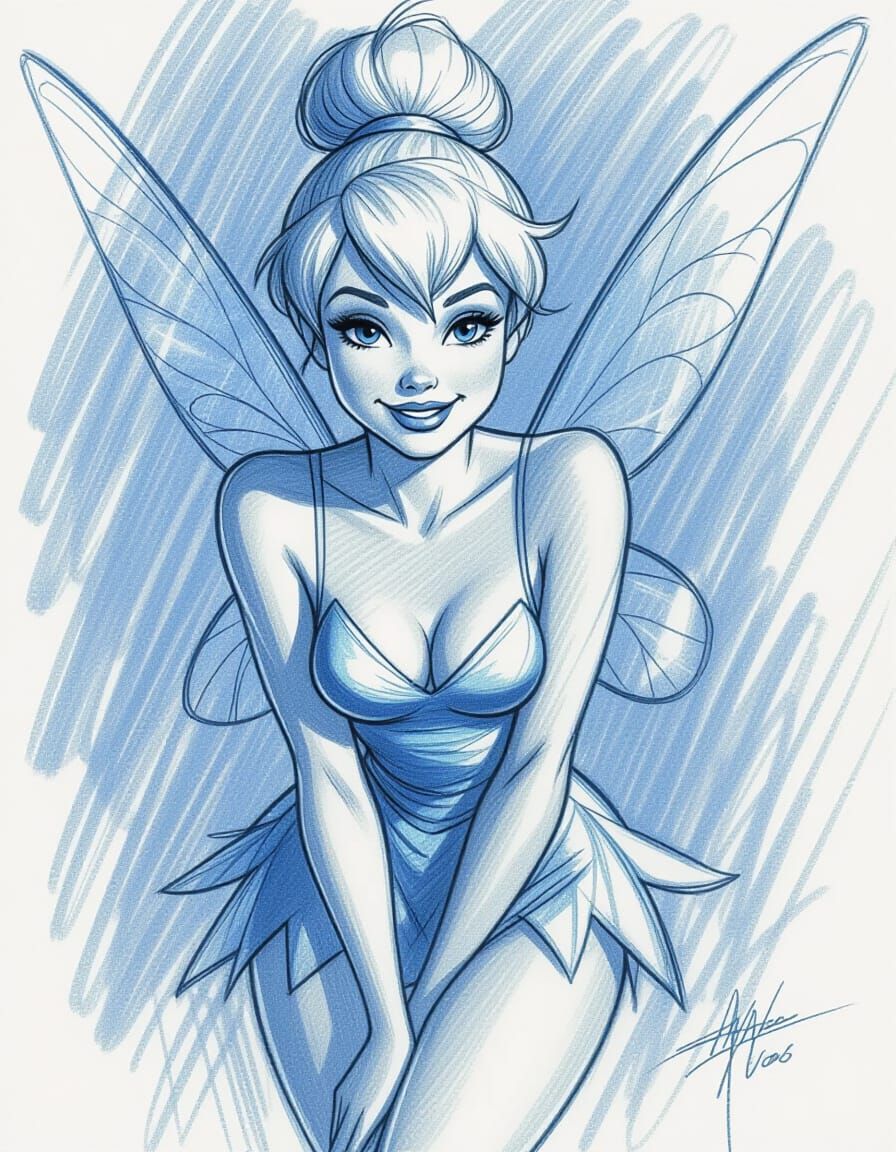 Tinkerbell Magazine Pose Blue Pencil Sketch