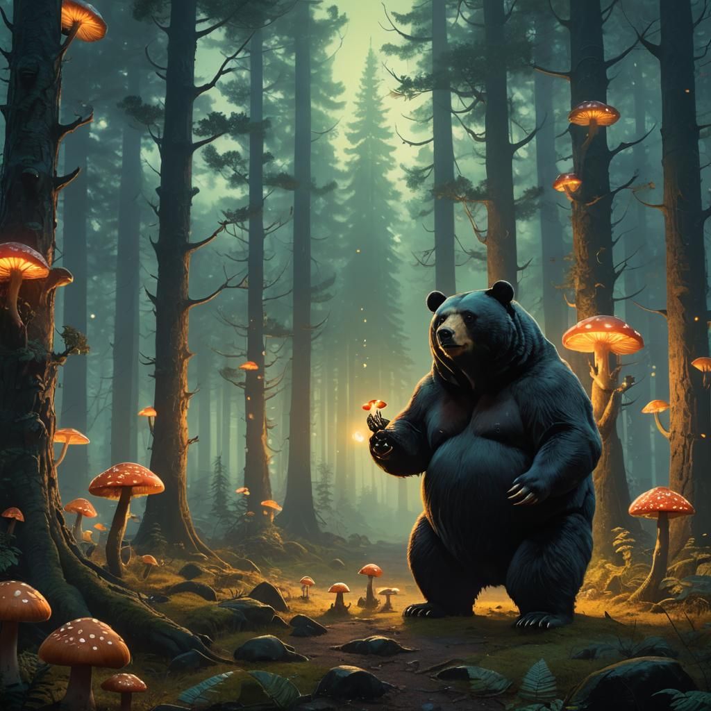 Obese Black Bear in Misty Forest, Matte Painting