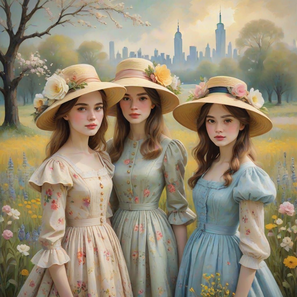 Three Sisters in a Vibrant Meadow, in the Style of Impressio...