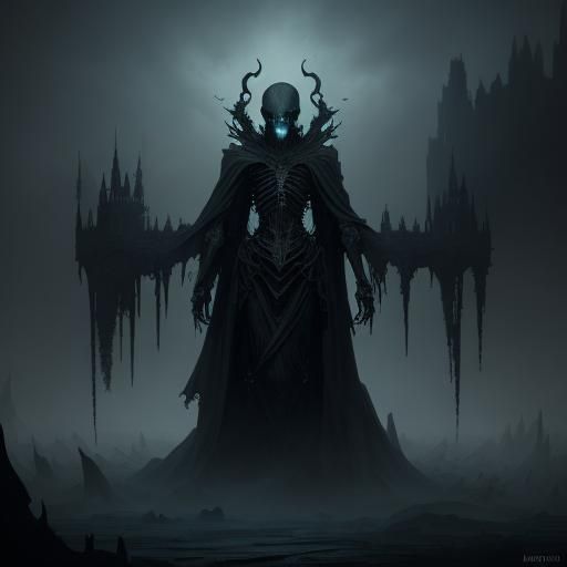 Eerie Skeletal Figure in Ruined Gothic Realm