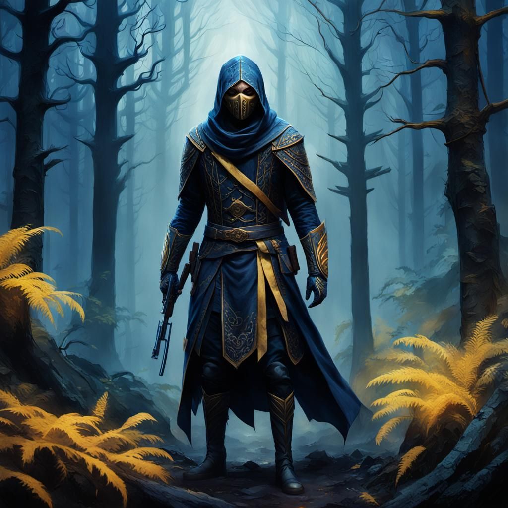 Masked Assassin in Mystical Forest: Hyper-Realistic 3D Rende...