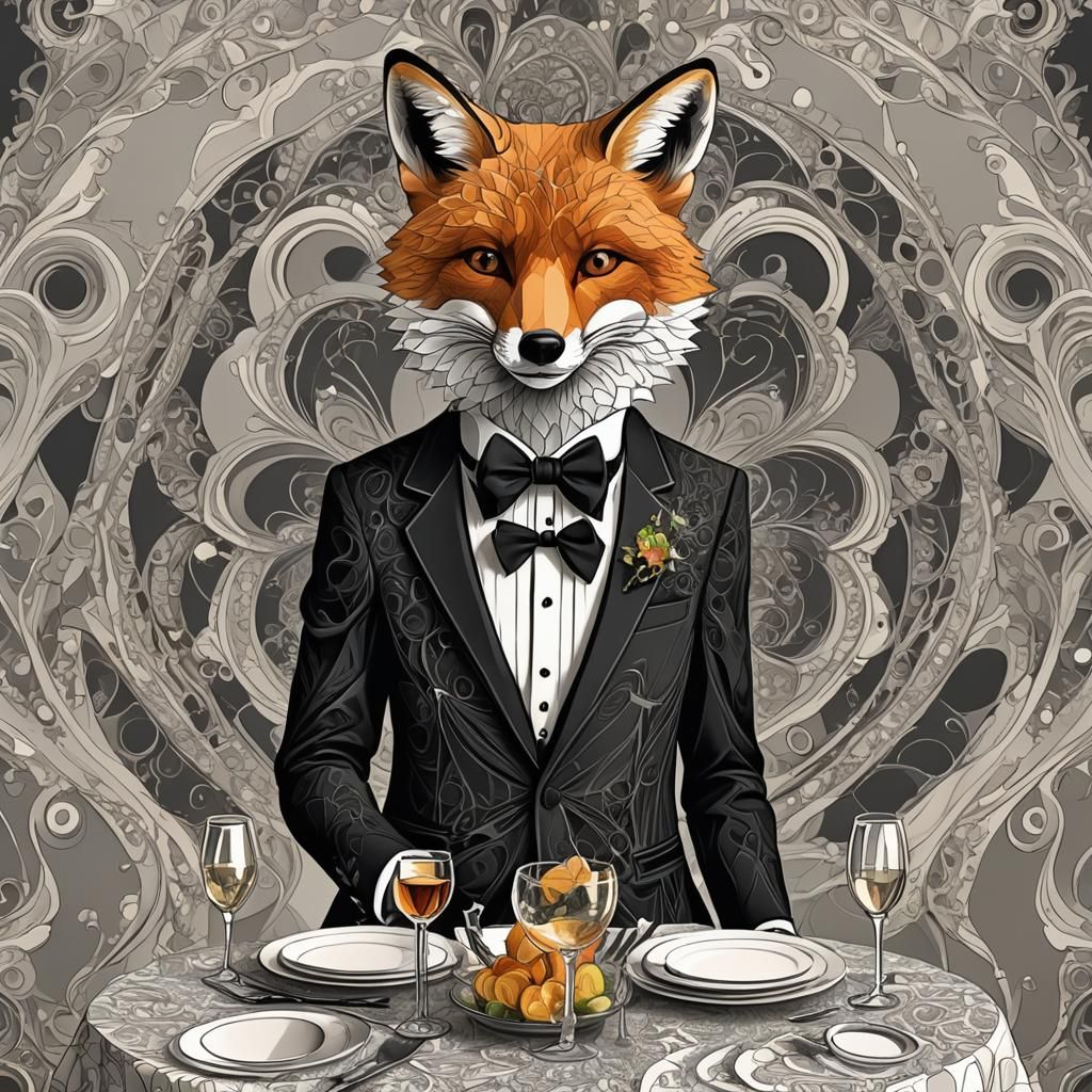 Fox in Tuxedo at Dinner Party with Abstract Fractals