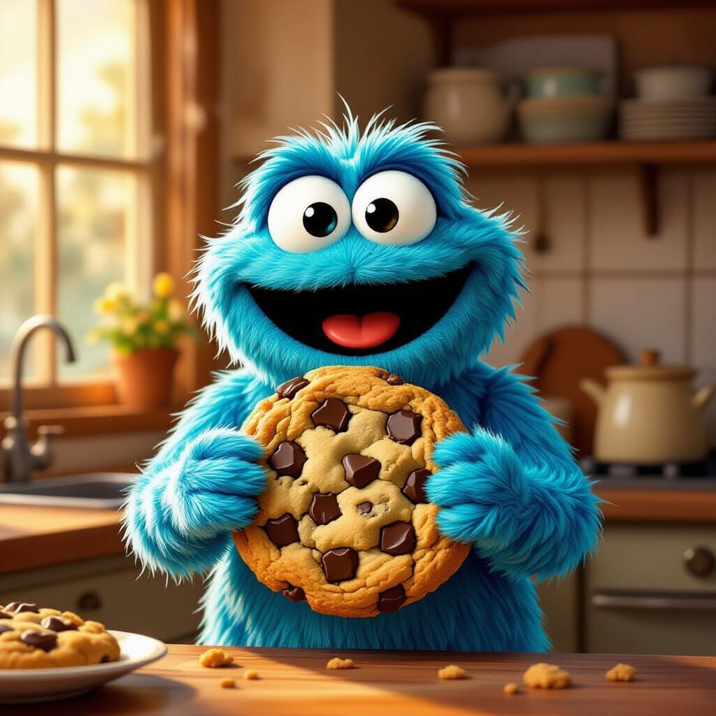 Joyful Girl Cookie Monster With Giant Cookie