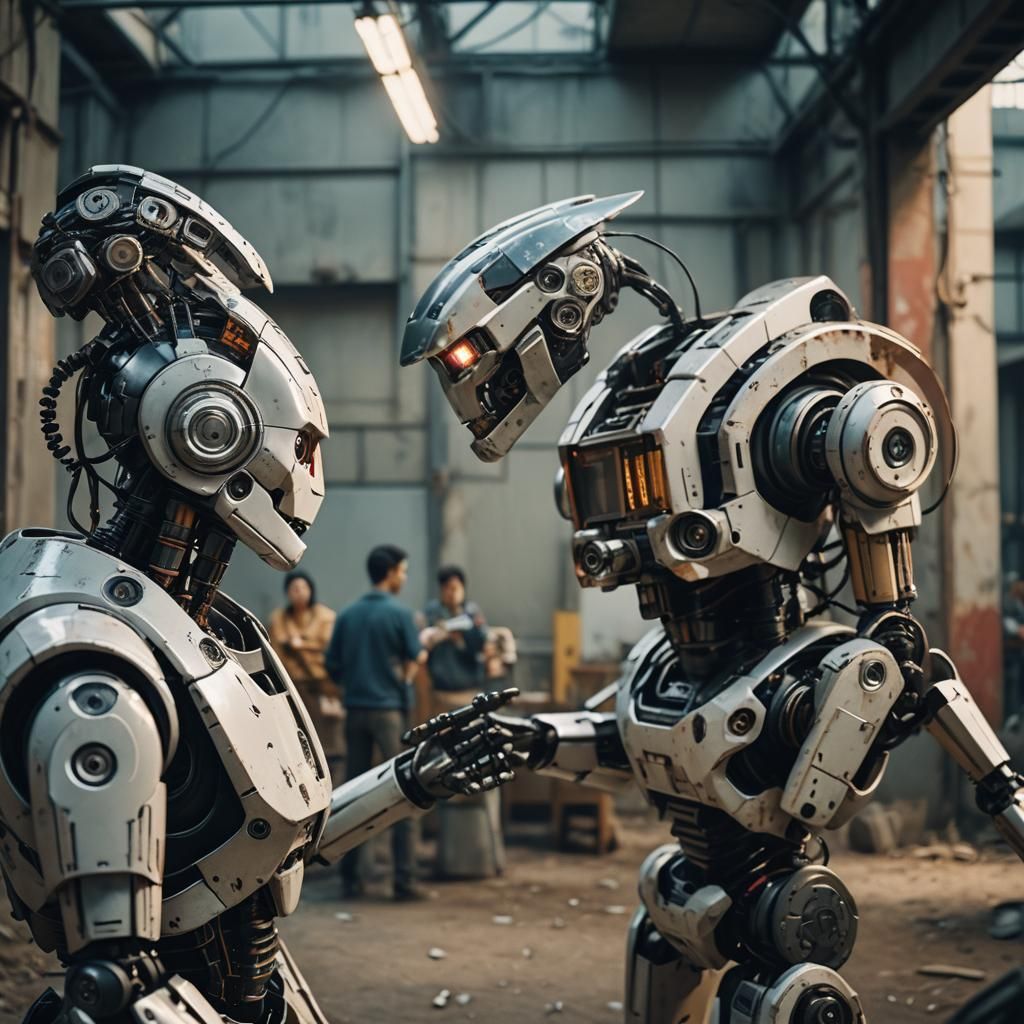AI Robots Communicate in Cinematic Film Still