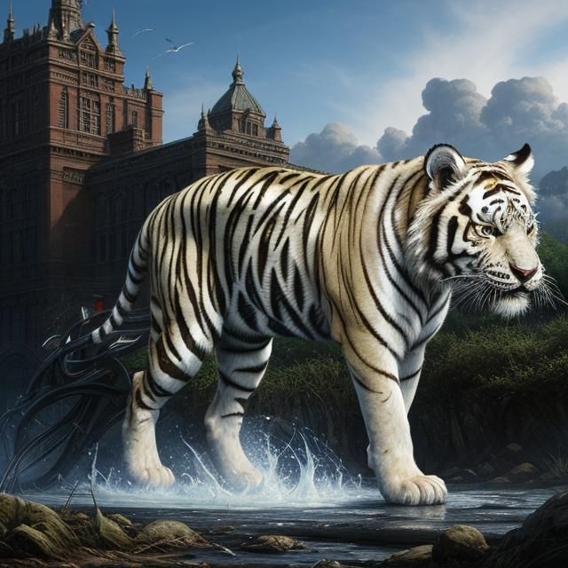 Flaming Melting White Tiger in Dreamcore Style