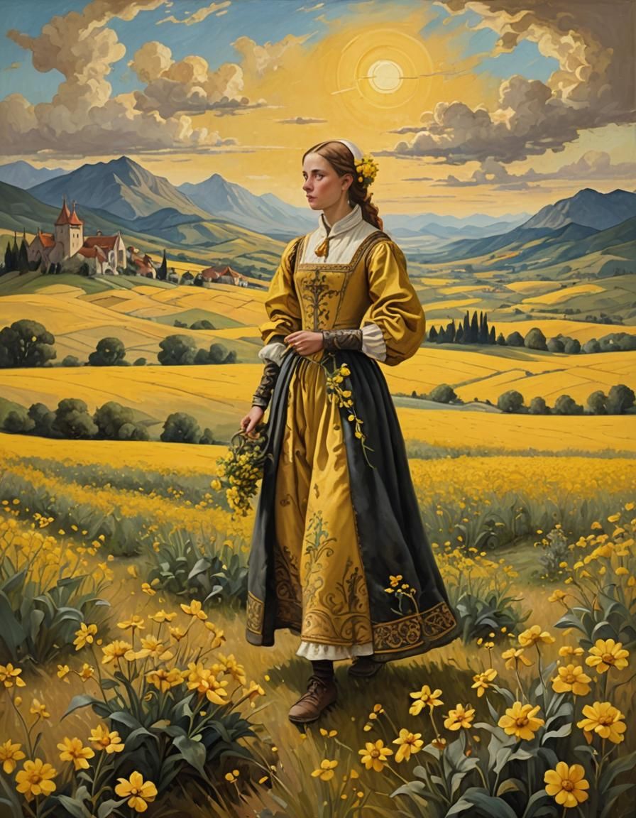Renaissance Woman Gathering Flowers in Golden Field
