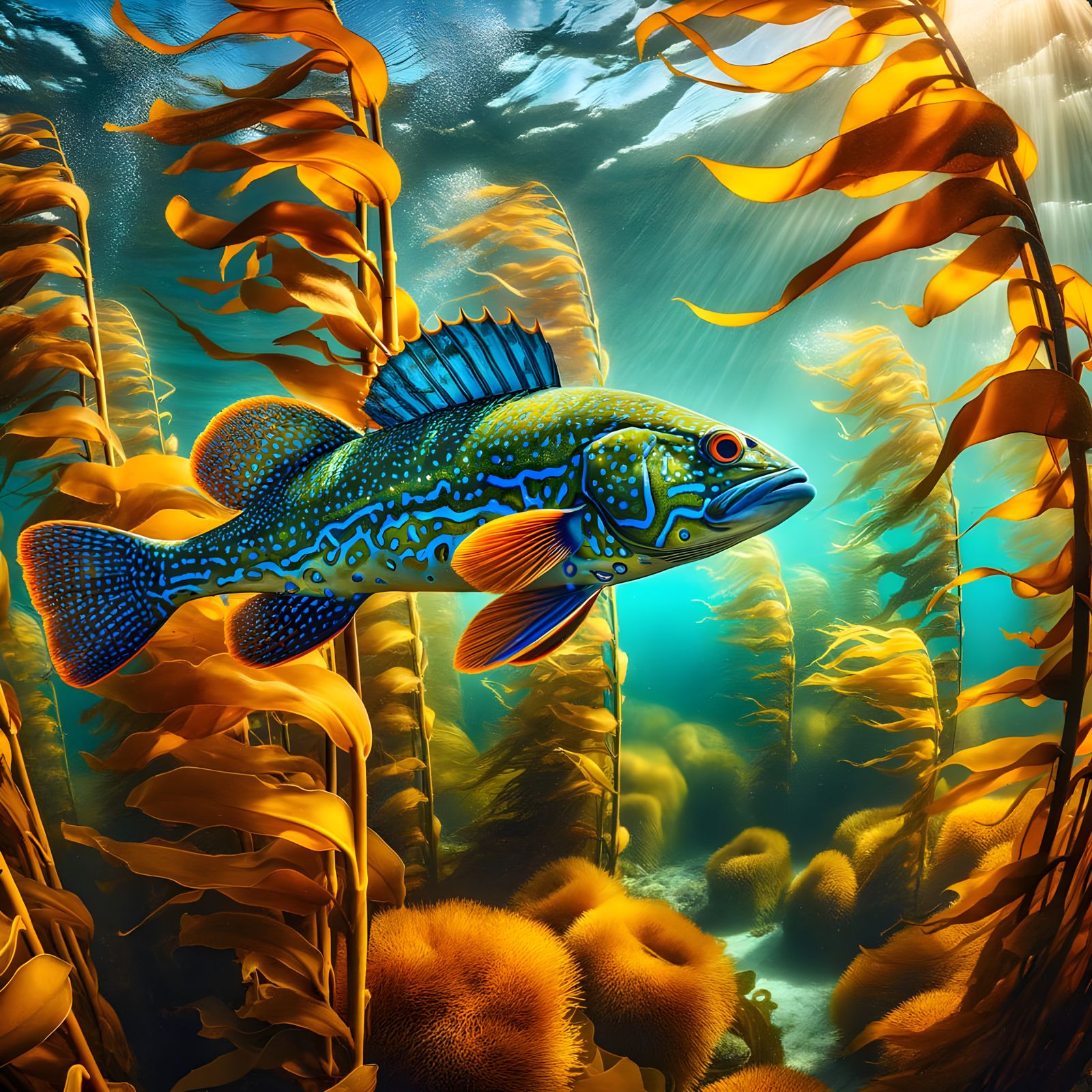 Vibrant Kelp Forest Scene with Blue-Spotted Fish