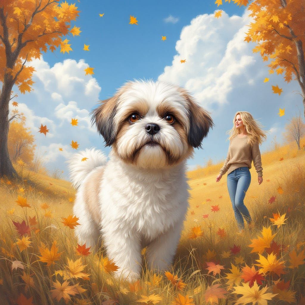 Shih Tzu Dog in Autumn Landscape