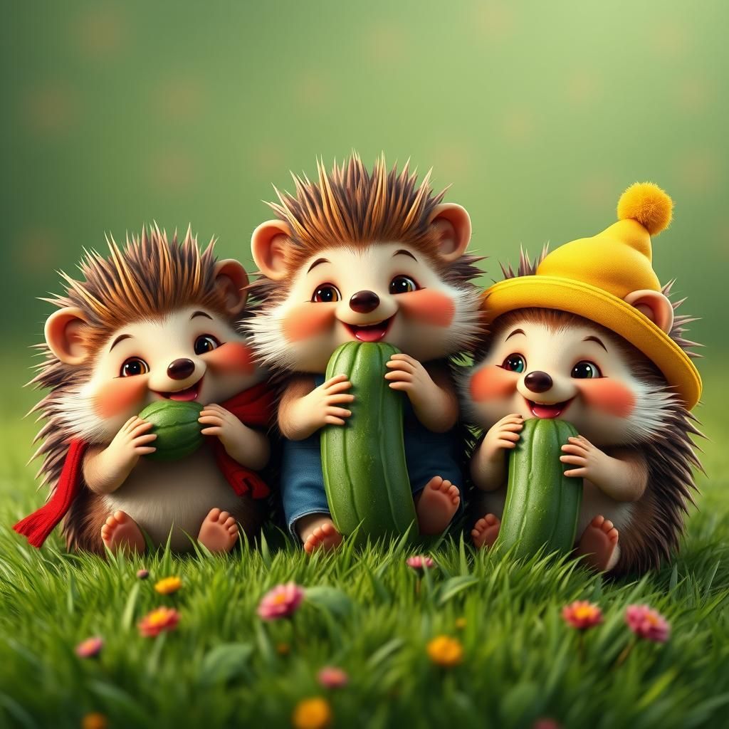 Happy Cartoon Hedgehogs Picnic in Grassy Meadow