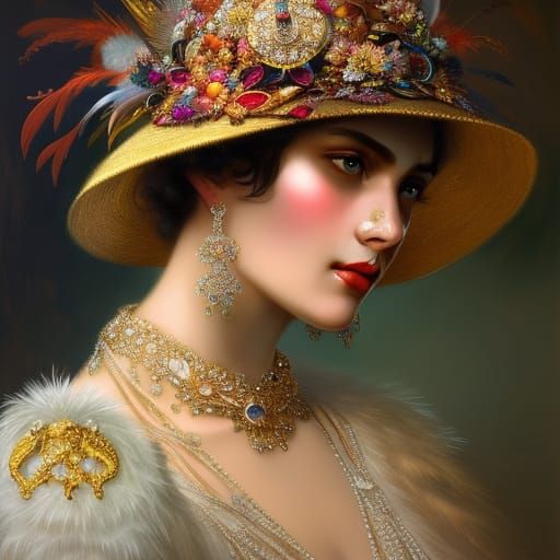 Woman with Jeweled Hat: Hyperdetailed Digital Portrait