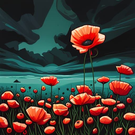 Poppies in Green Field: Comic Book Art