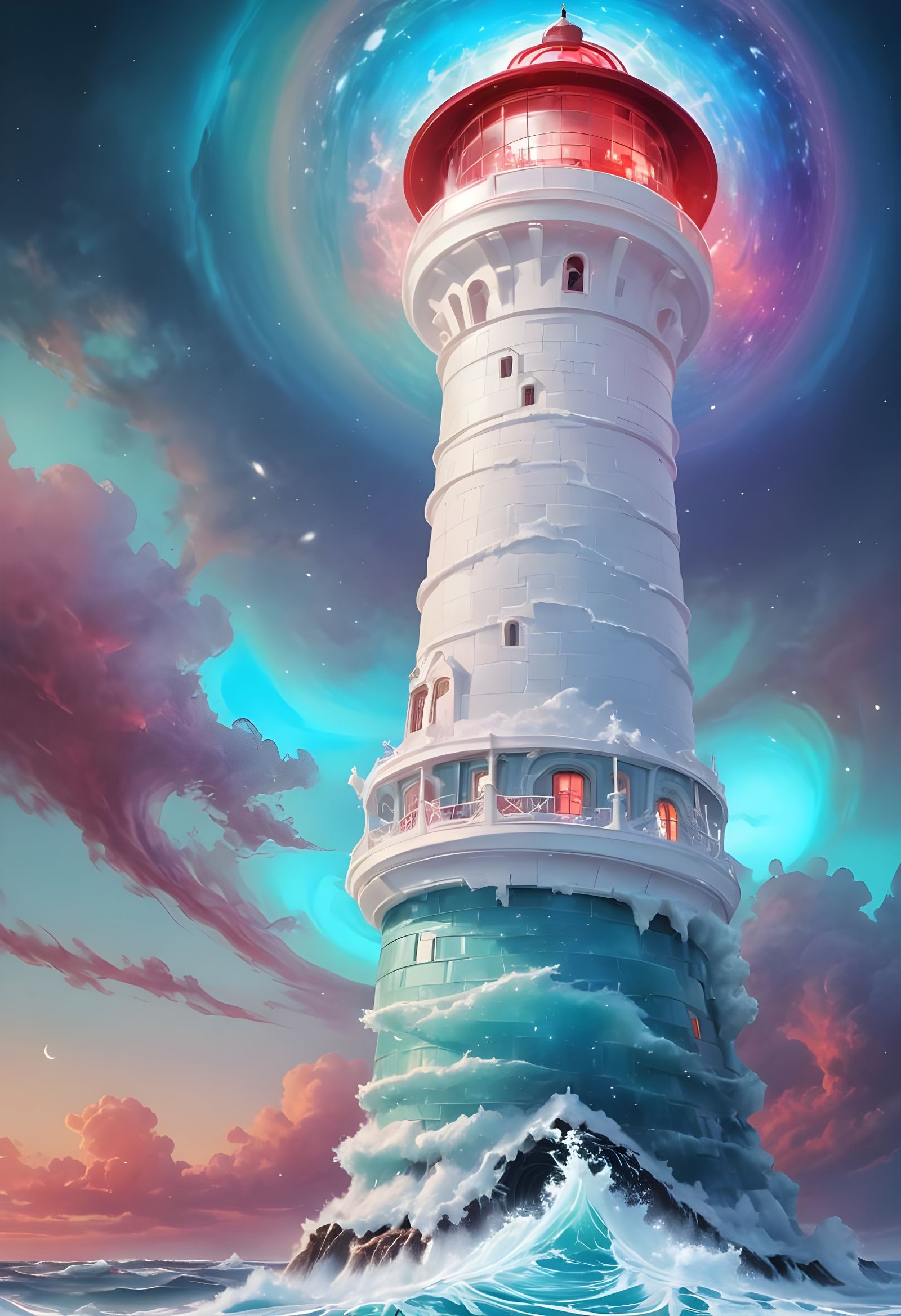 Snowglobe Lighthouse with Spiraling Axis and Red Sky