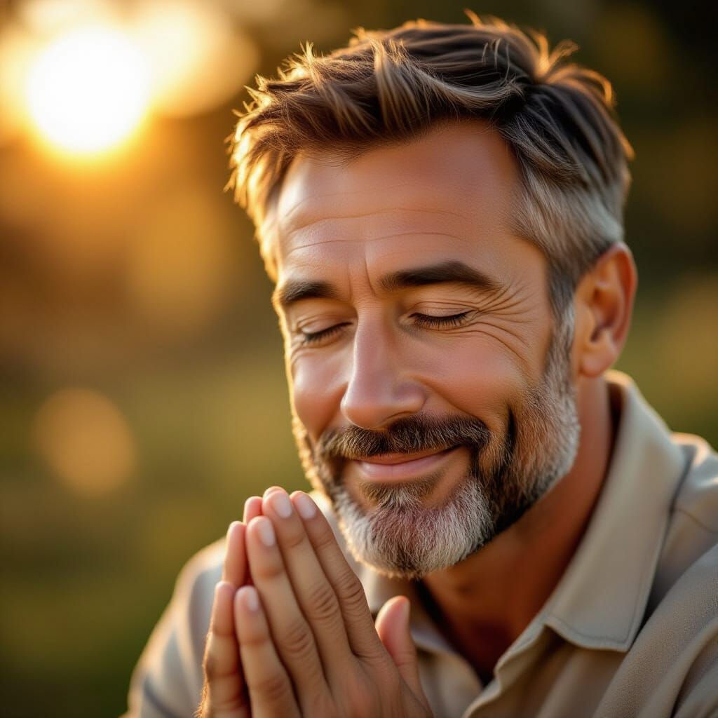Man Smiling Peacefully After Prayer in Golden Hour