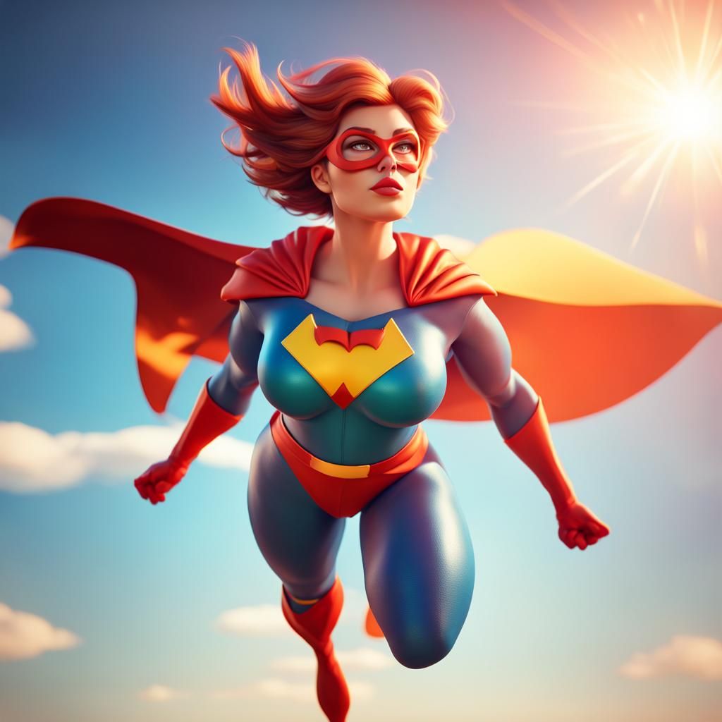 Female Superhero Flies to Sun: Pixar-Style 3D Art