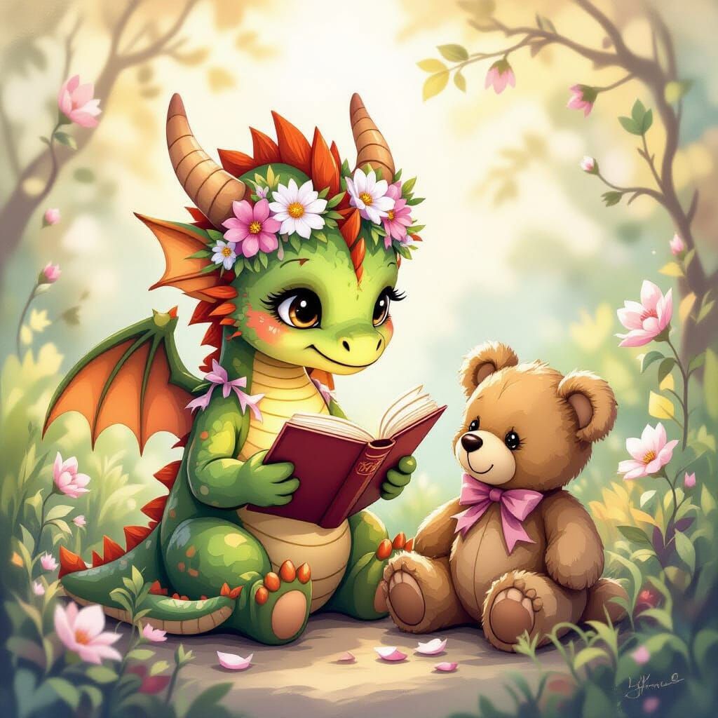 Child Dragon Reads Book in Watercolor Style