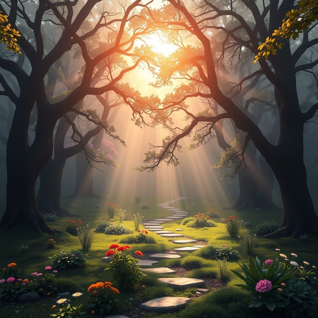 Whimsical Path Unfolds Through Light and Shade