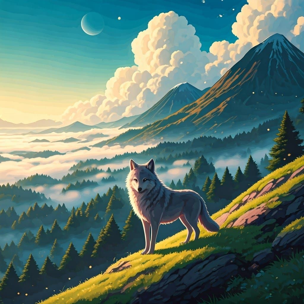 Wolf on Misty Mountain in Anime Style