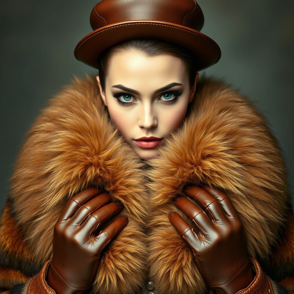 Elegant Russian Noblewoman in Opulent Fur Coat with Green Ey...