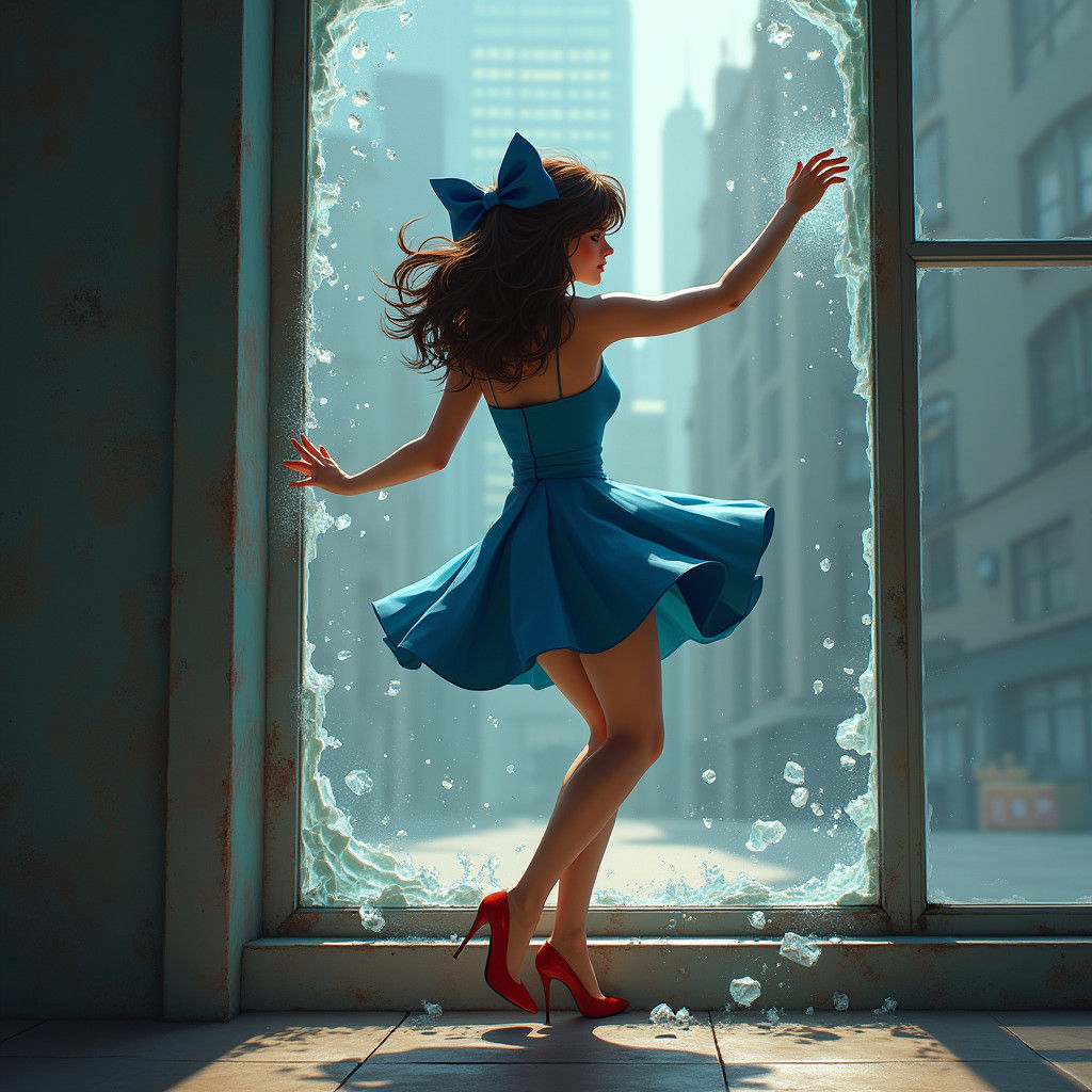 Angry Brunette Smashes Window in Fantasy Art