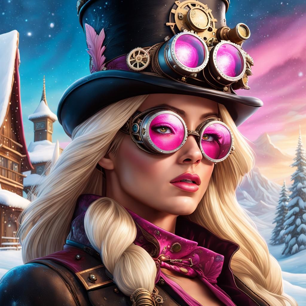 Steampunk Hawaiian Woman in Winter Wonderland: 8K Art
