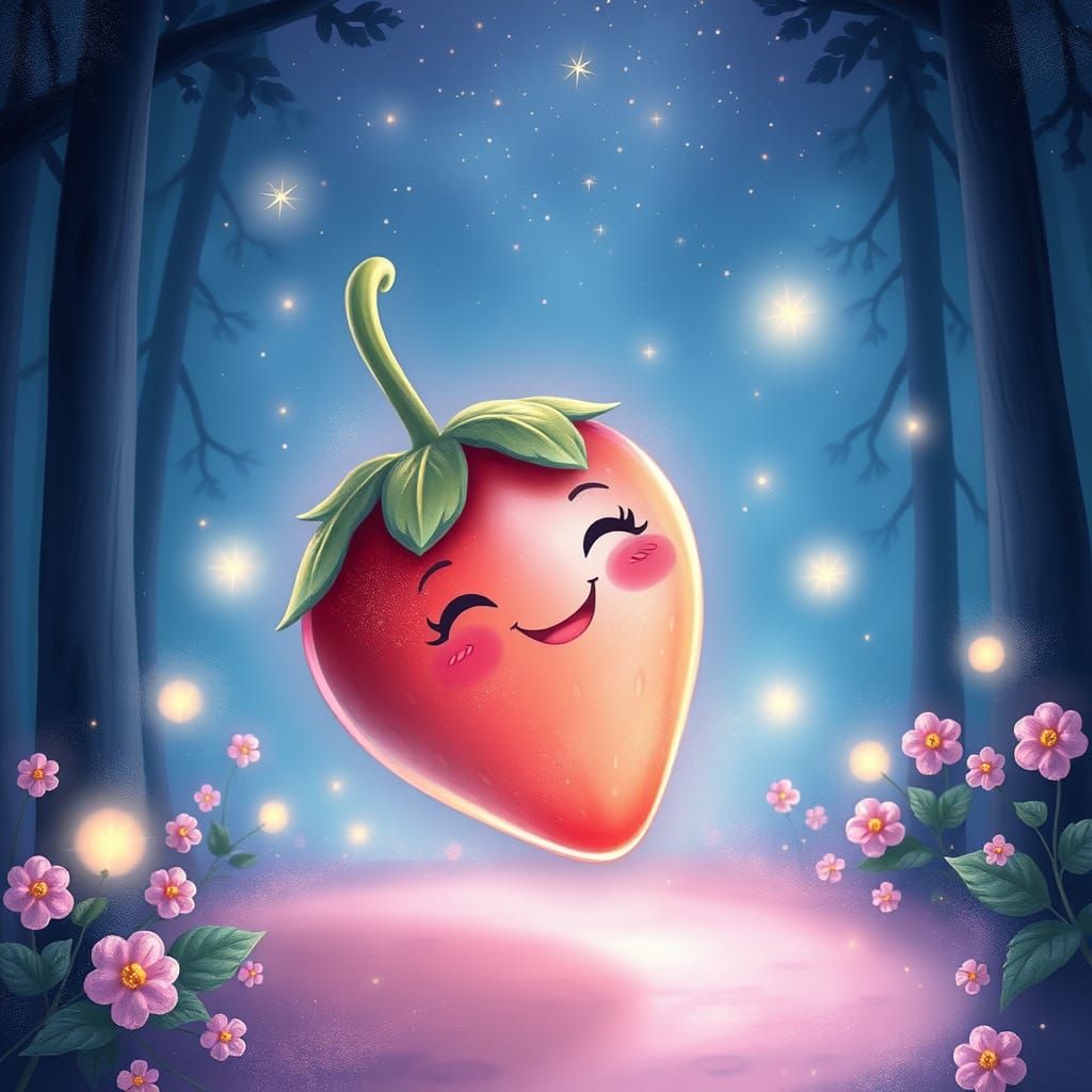 Whimsical Strawberry in Enchanted Forest Scene