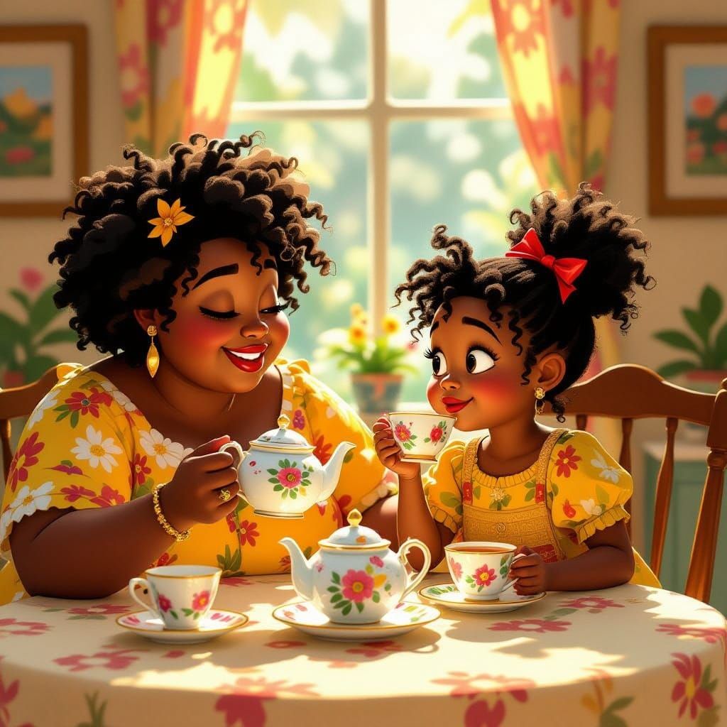 Festive Tea Time: Black Child and Mother, Oil Gouache Style