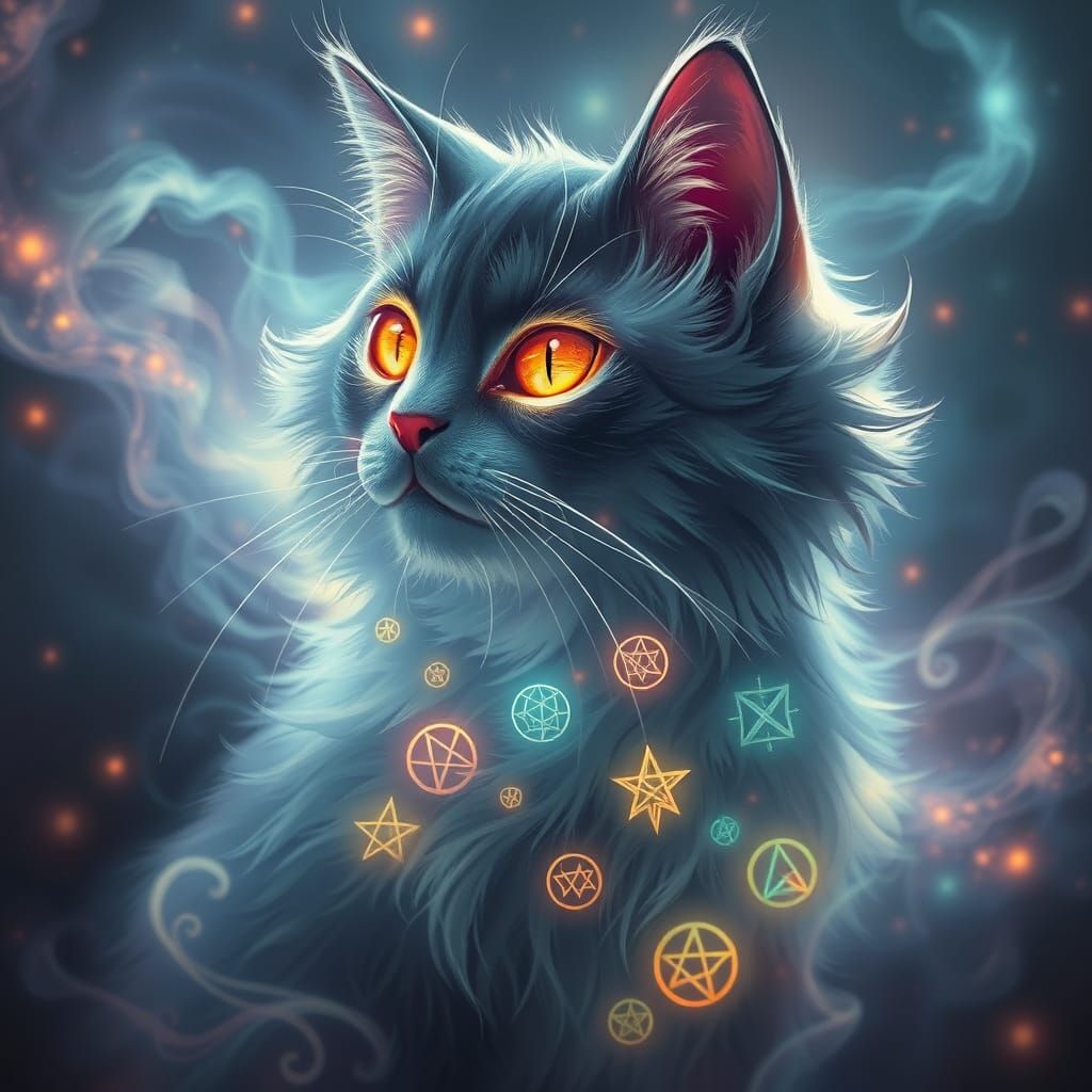 Ethereal Cat with Arcane Symbols in Surreal Style