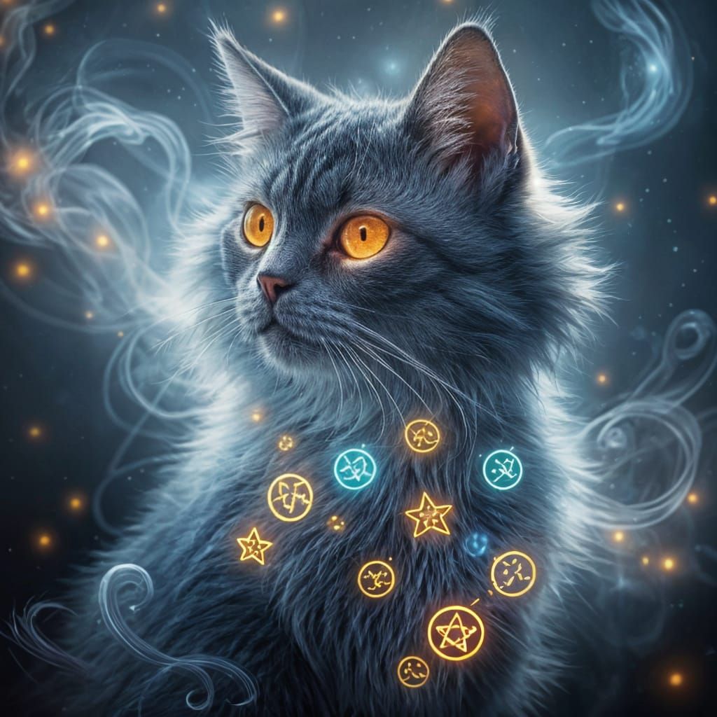 Otherworldly Cat with Glowing Eyes and Arcane Symbols