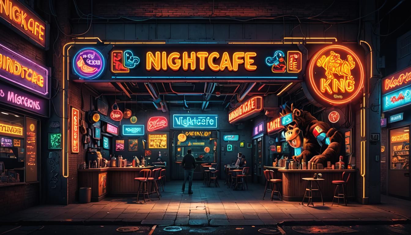 Neon Sign 'NightCafe'  with Donkey Kong included