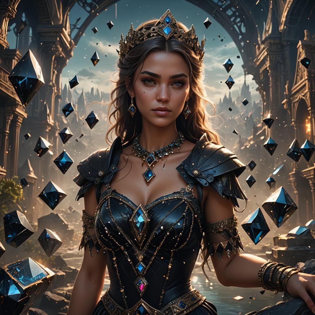 Young Woman Holding a Black Diamond, Detailed Painting