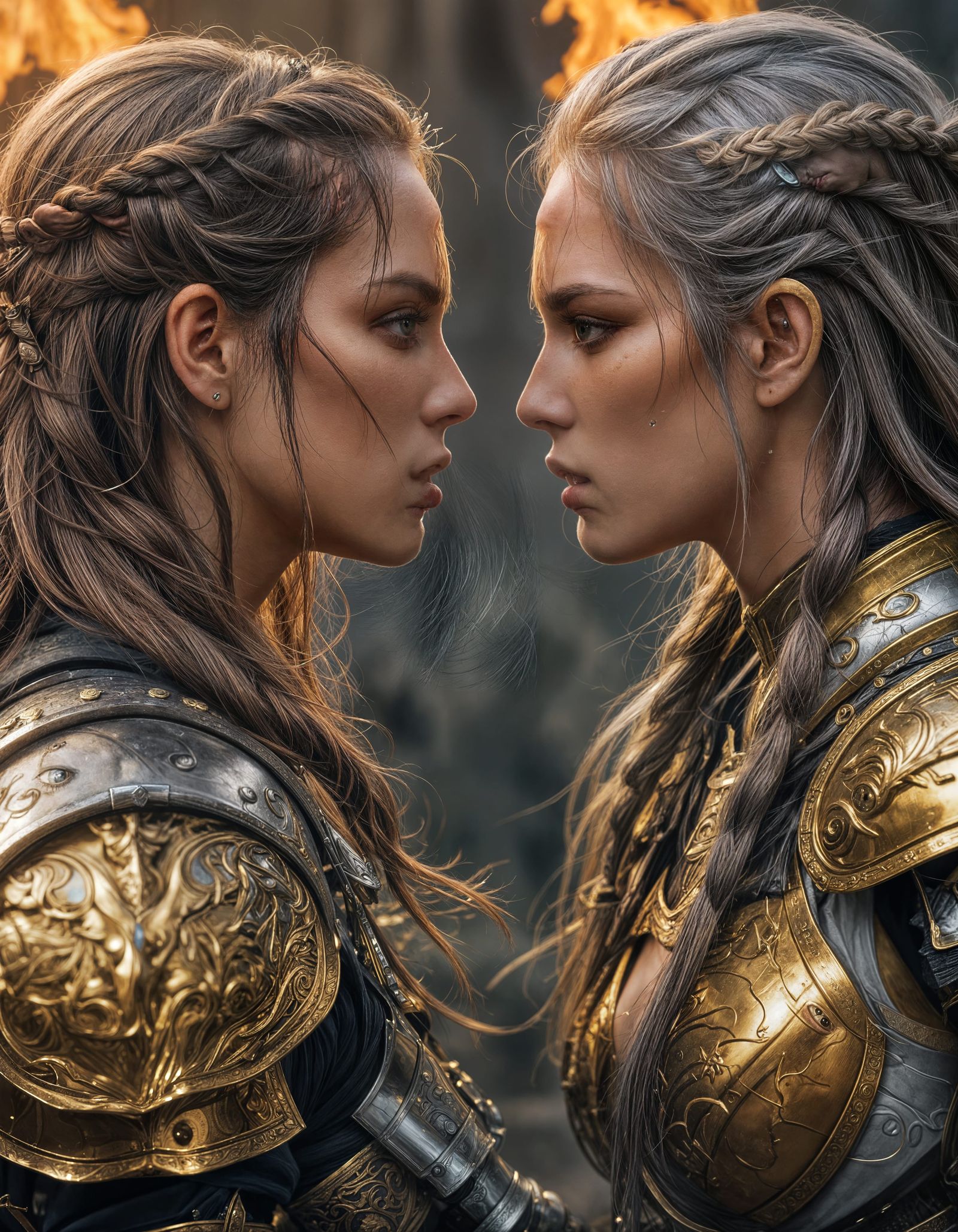 Two Female Warriors Kissing in Fiery Anime Battle