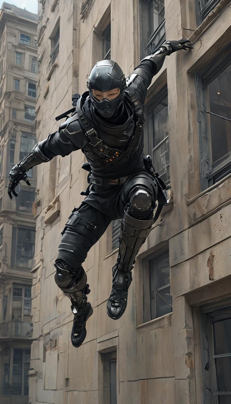 Cyborg Ninja Leaps in Hyperdetailed Dystopian Scene